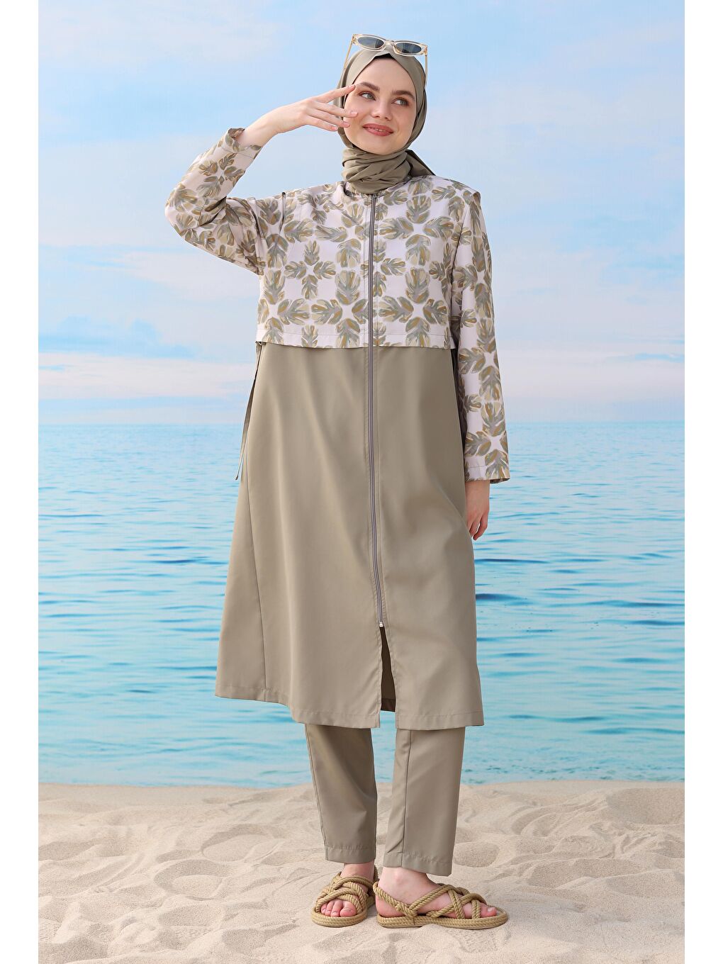 Desenli Yüzme Takımı Açık Haki-2