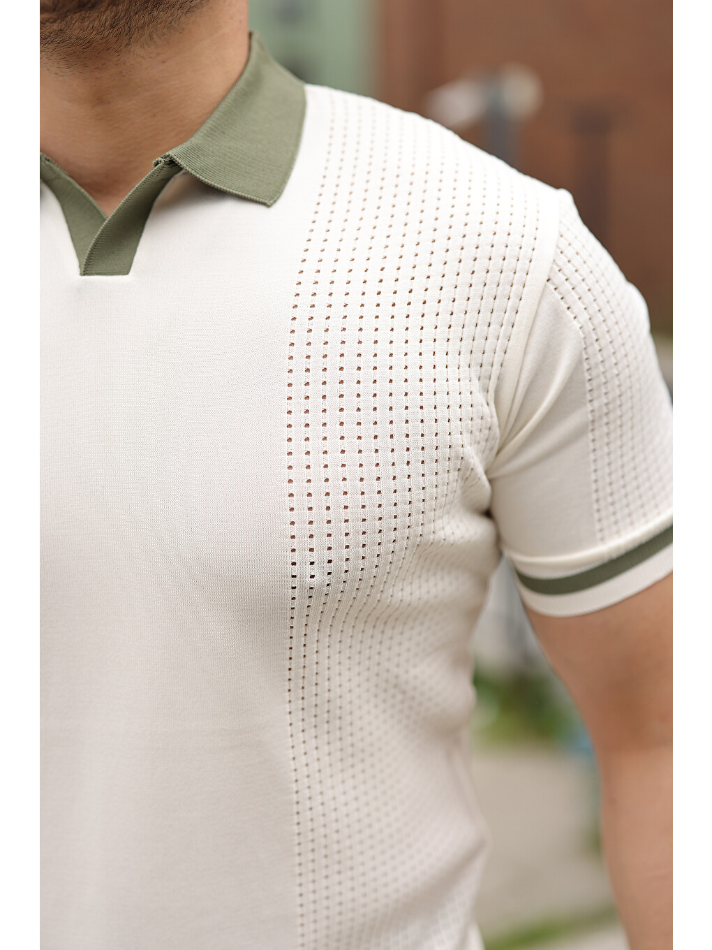 Kahverengi Erkek Modern Polo File Detaylı Kısa Kollu Tişört-2