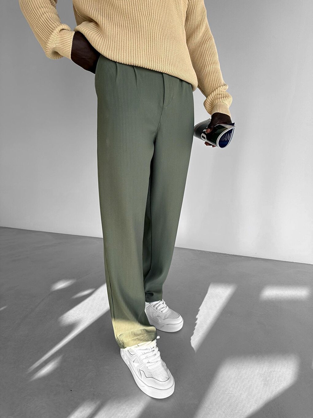 Baggy Fitilli Erkek Pantolon Haki Yeşil-2