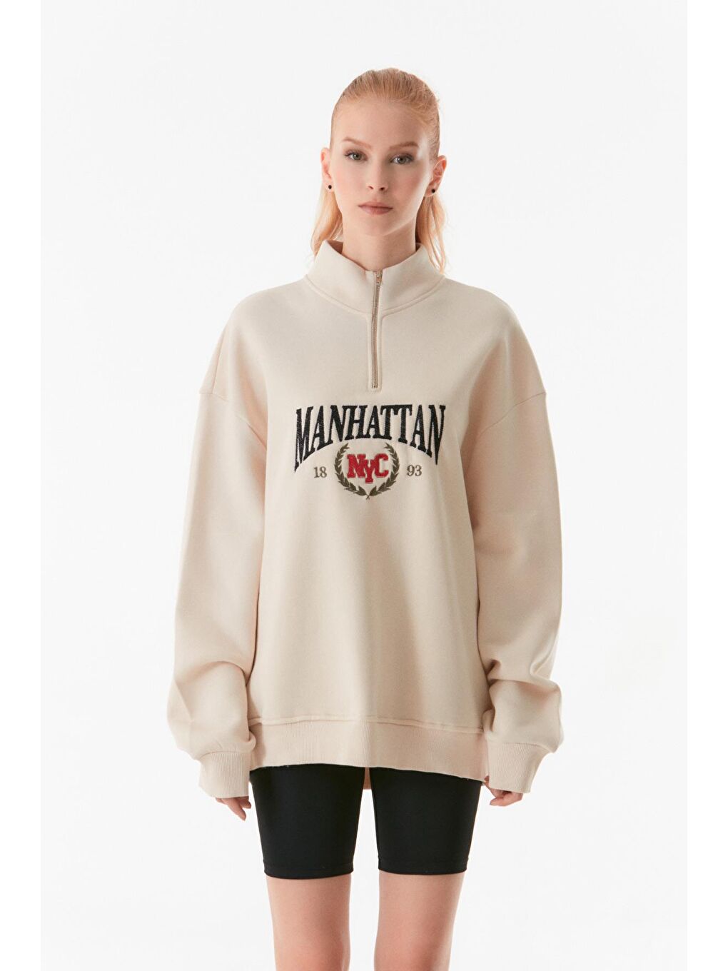 Fullamoda Bej Manhattan Nakışlı Dik Yaka Sweatshirt - 4