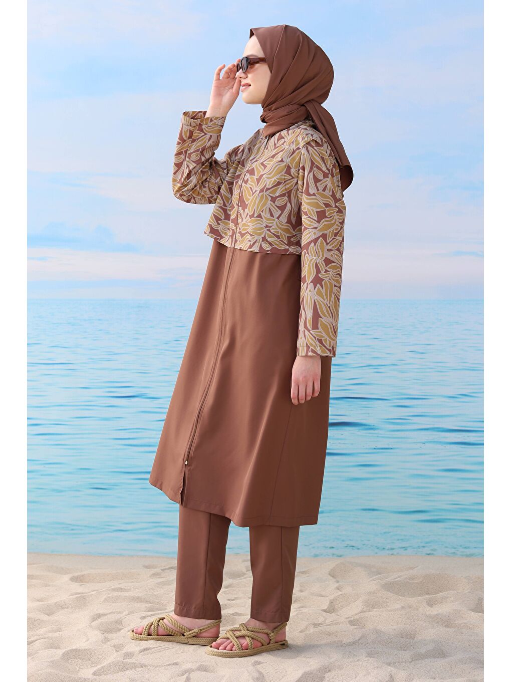 Kahverengi Desenli Yüzme Takımı Kahve-4