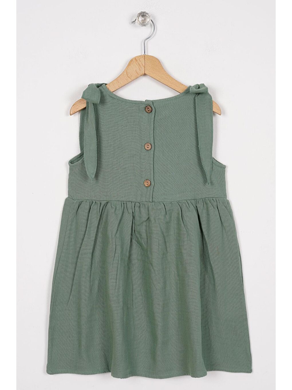 Omzu Fiyonk Detaylı Çağla Yeşili Renk Kız Çocuk Elbise-2