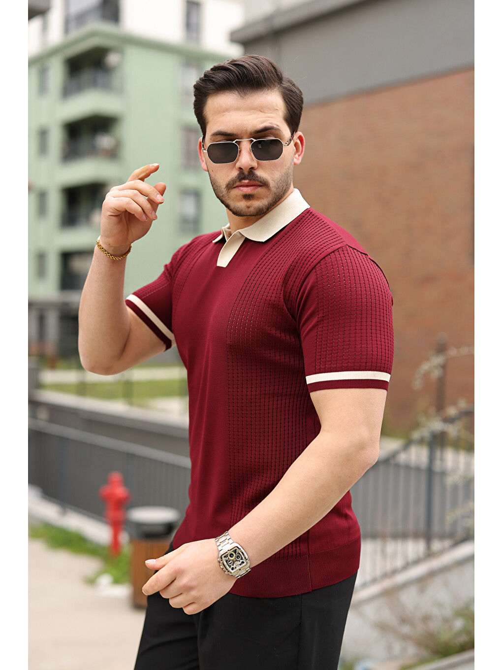 Bordo Erkek Modern Polo File Detaylı Kısa Kollu Tişört-1