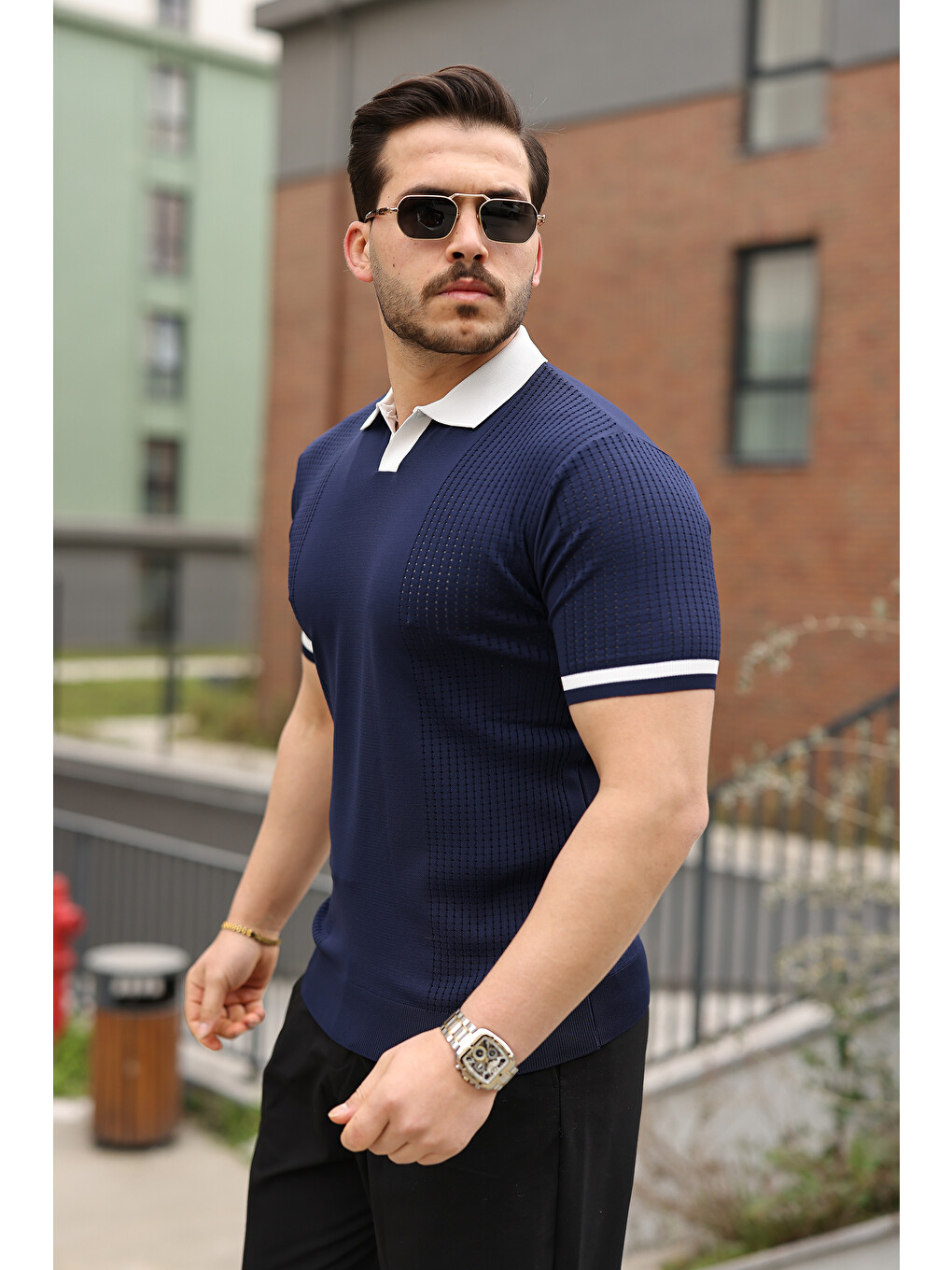 Lacivert Erkek Modern Polo File Detaylı Kısa Kollu Tişört-1