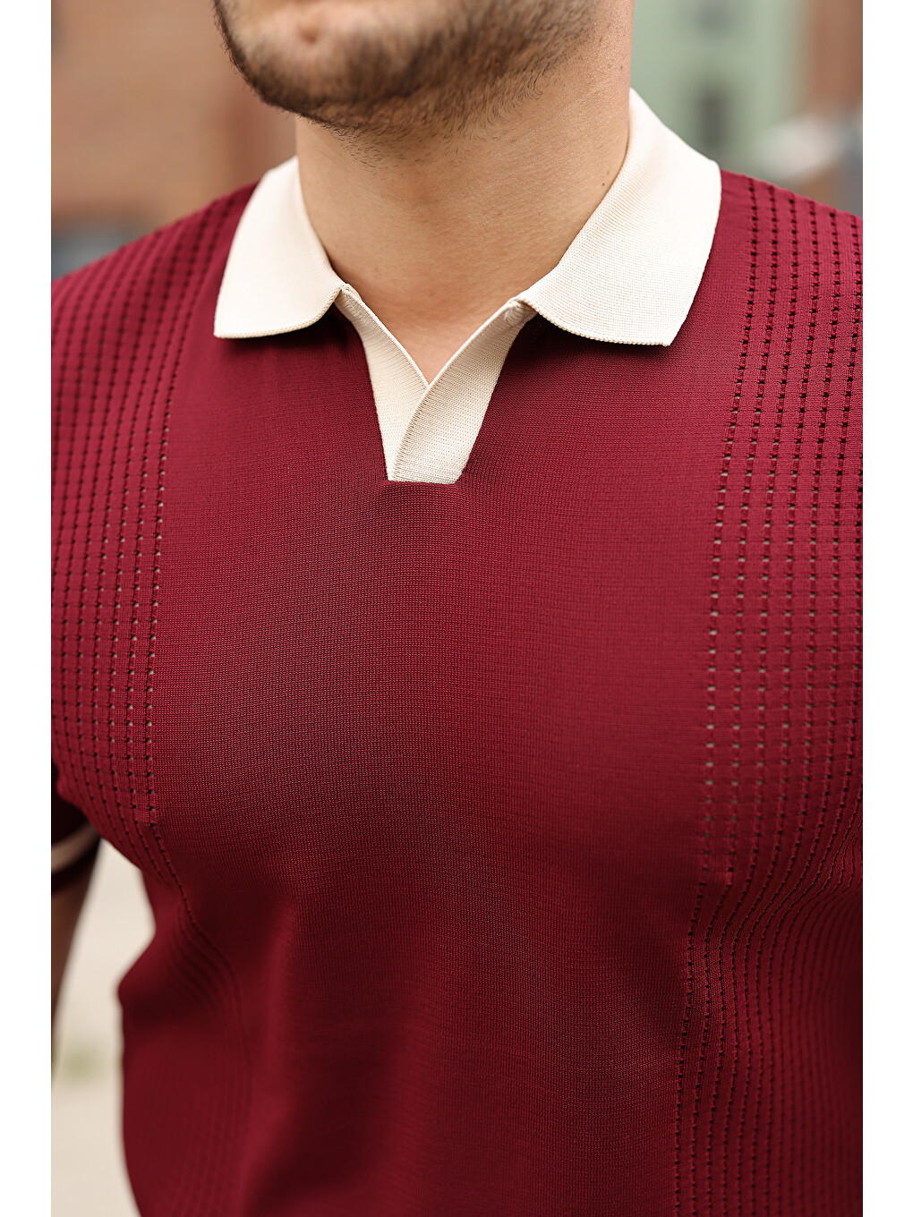 Bordo Erkek Modern Polo File Detaylı Kısa Kollu Tişört-2