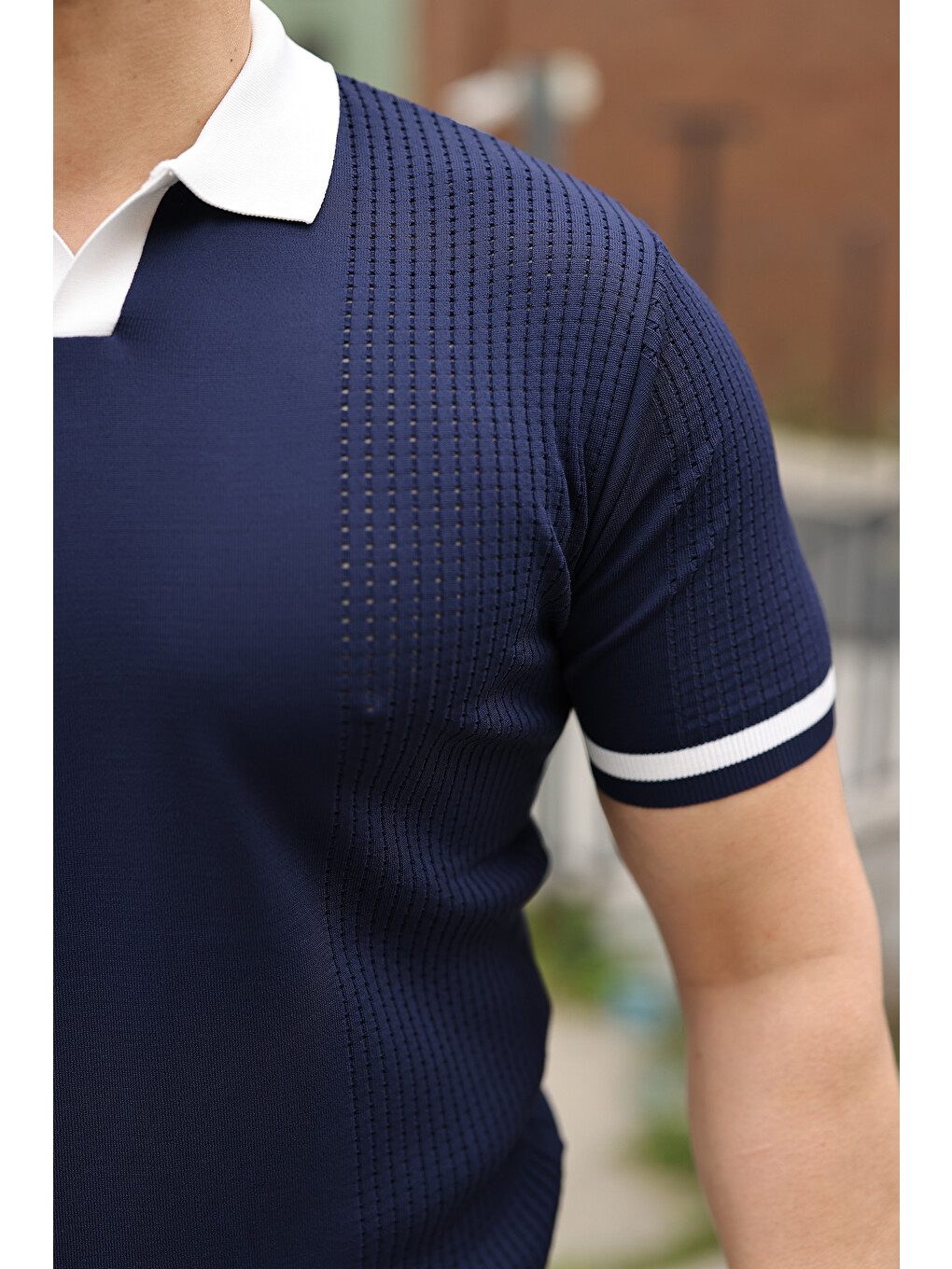 Lacivert Erkek Modern Polo File Detaylı Kısa Kollu Tişört-2