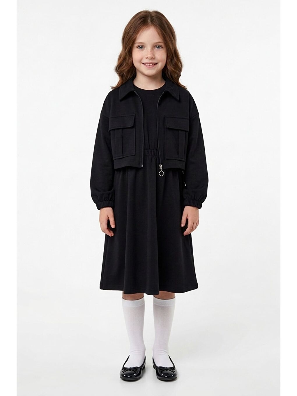 Siyah Çift Cepli Ceketli Modal Kız Çocuk 2 Li Takım