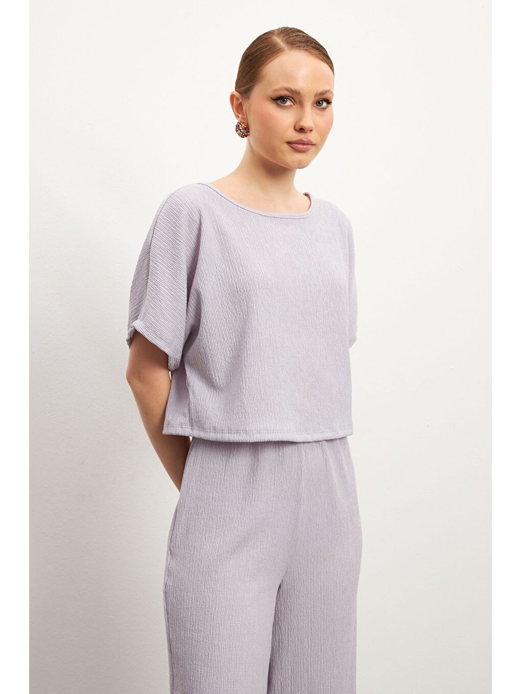 Kadın Lila Kısa Kollu Krinkıl Pantolon Takım-2