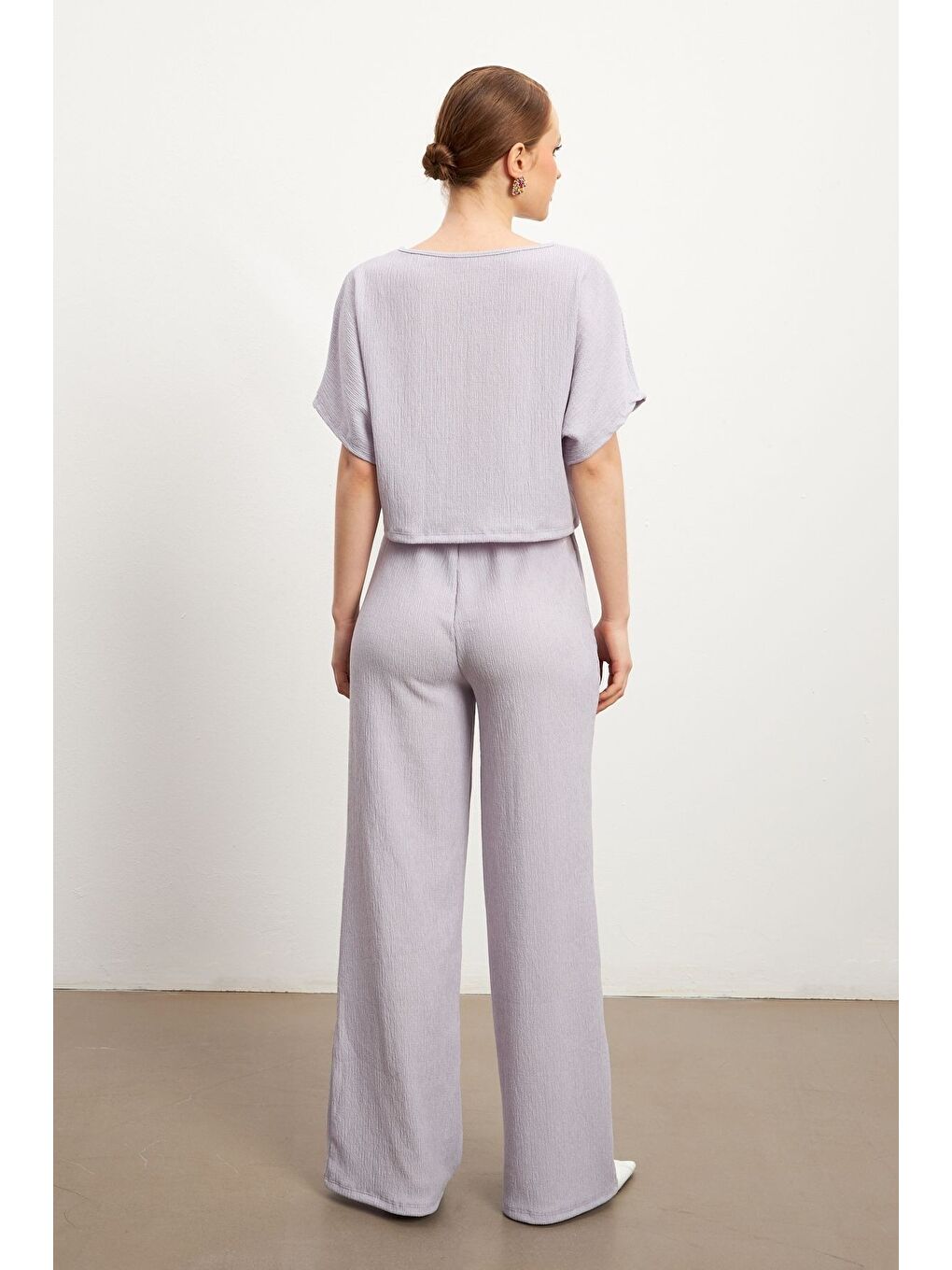 Kadın Lila Kısa Kollu Krinkıl Pantolon Takım-4