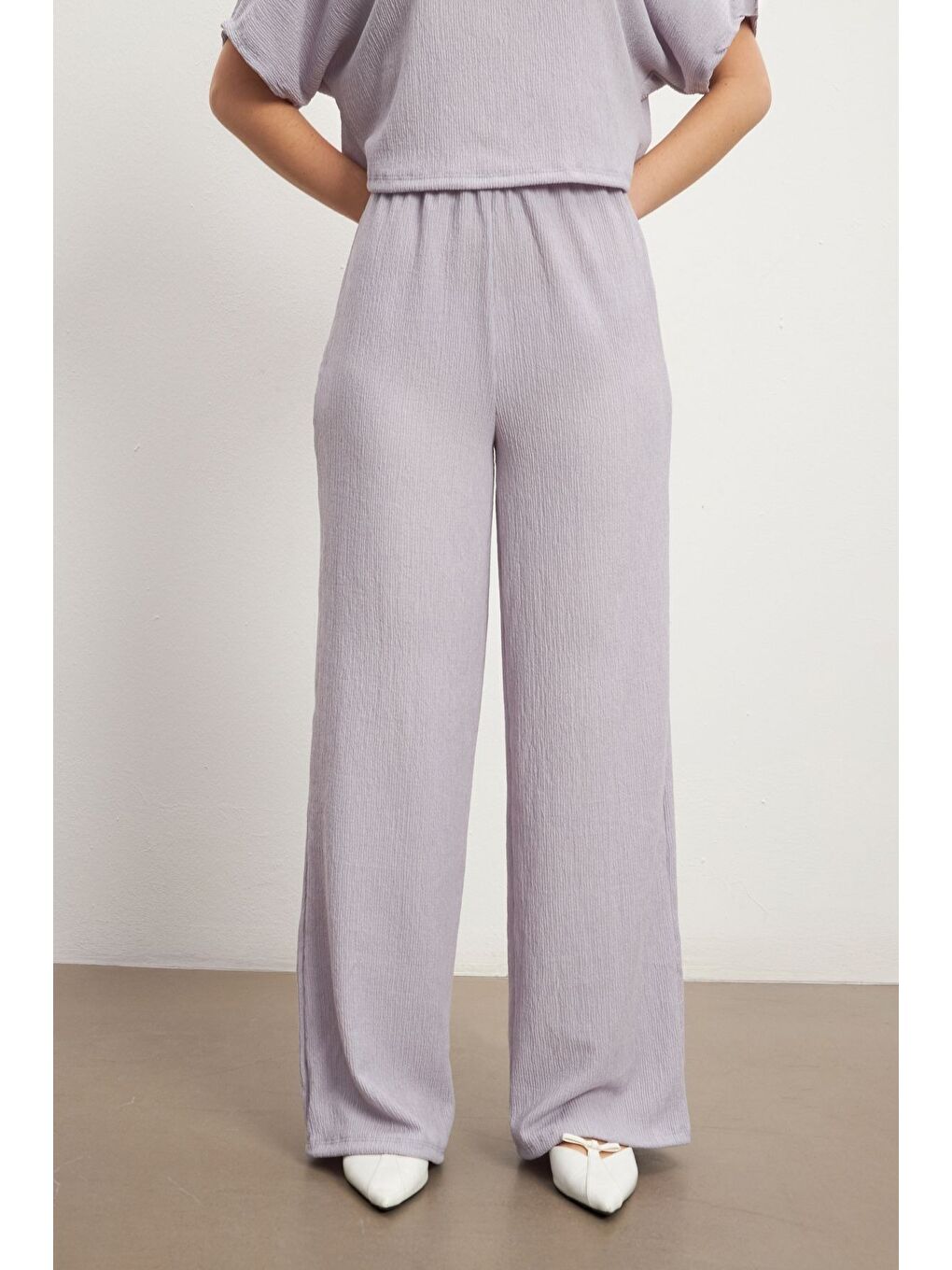 Kadın Lila Kısa Kollu Krinkıl Pantolon Takım-5