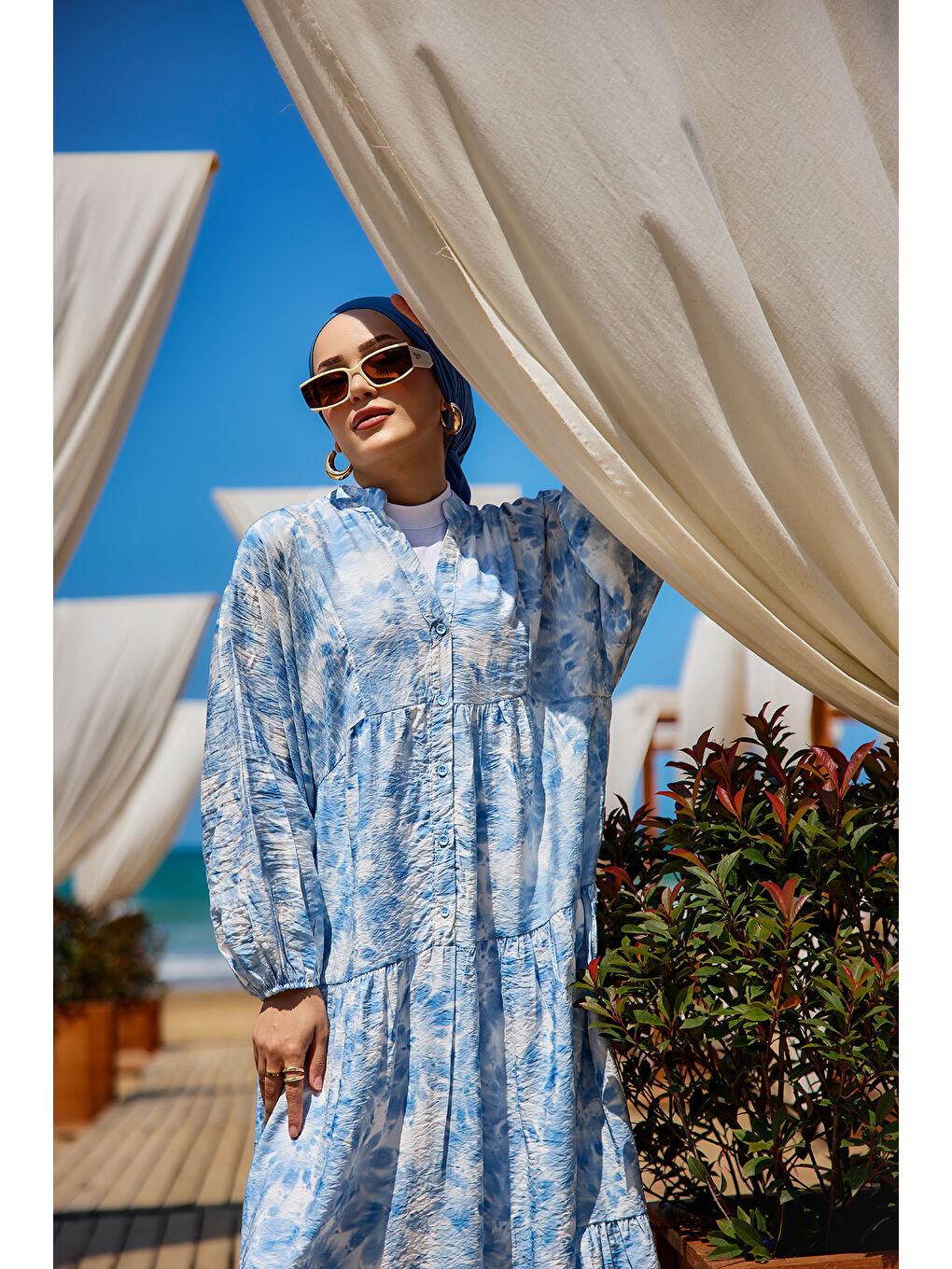 Kadın Bulut Desen Elbise Mavi-3