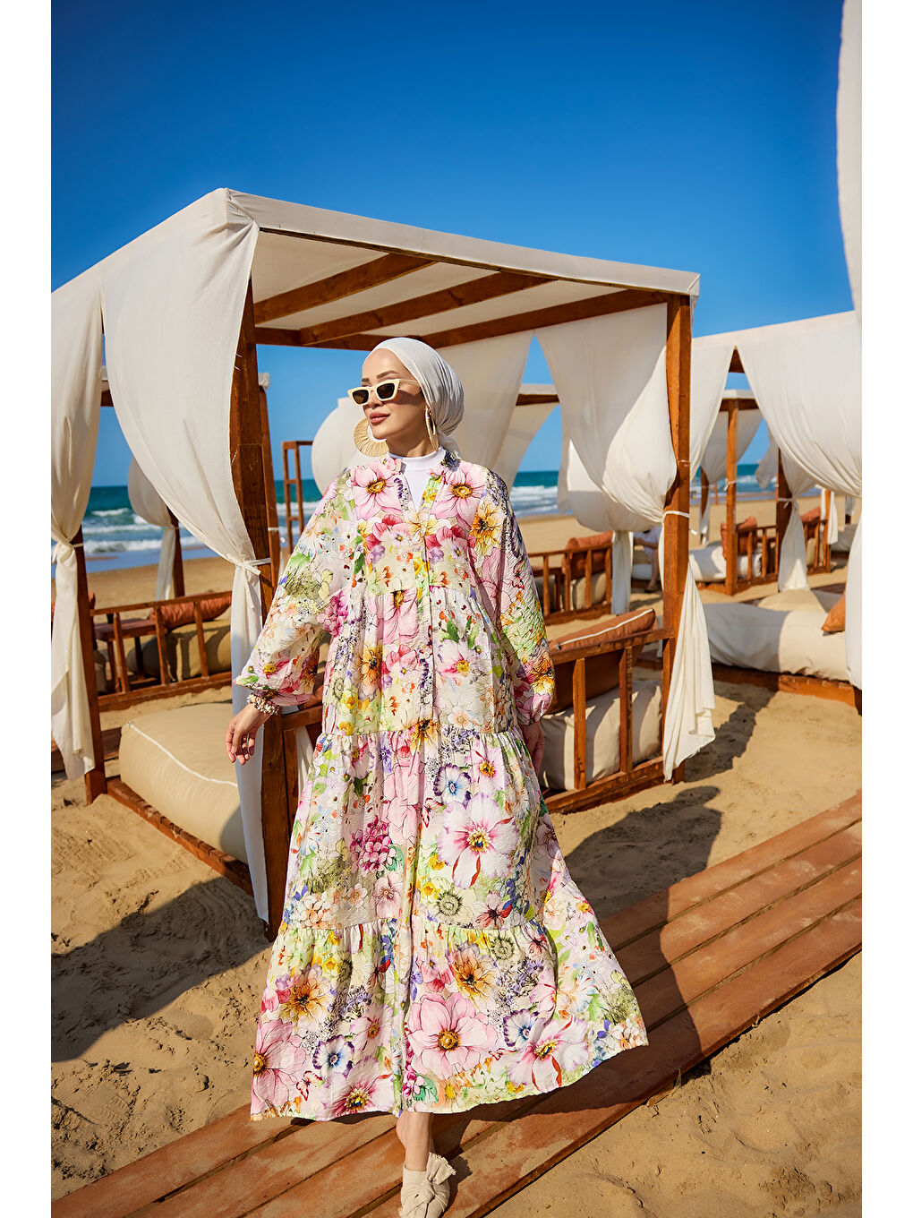 Kadın Karışık Çicek Desenli Elbise Pembe-1