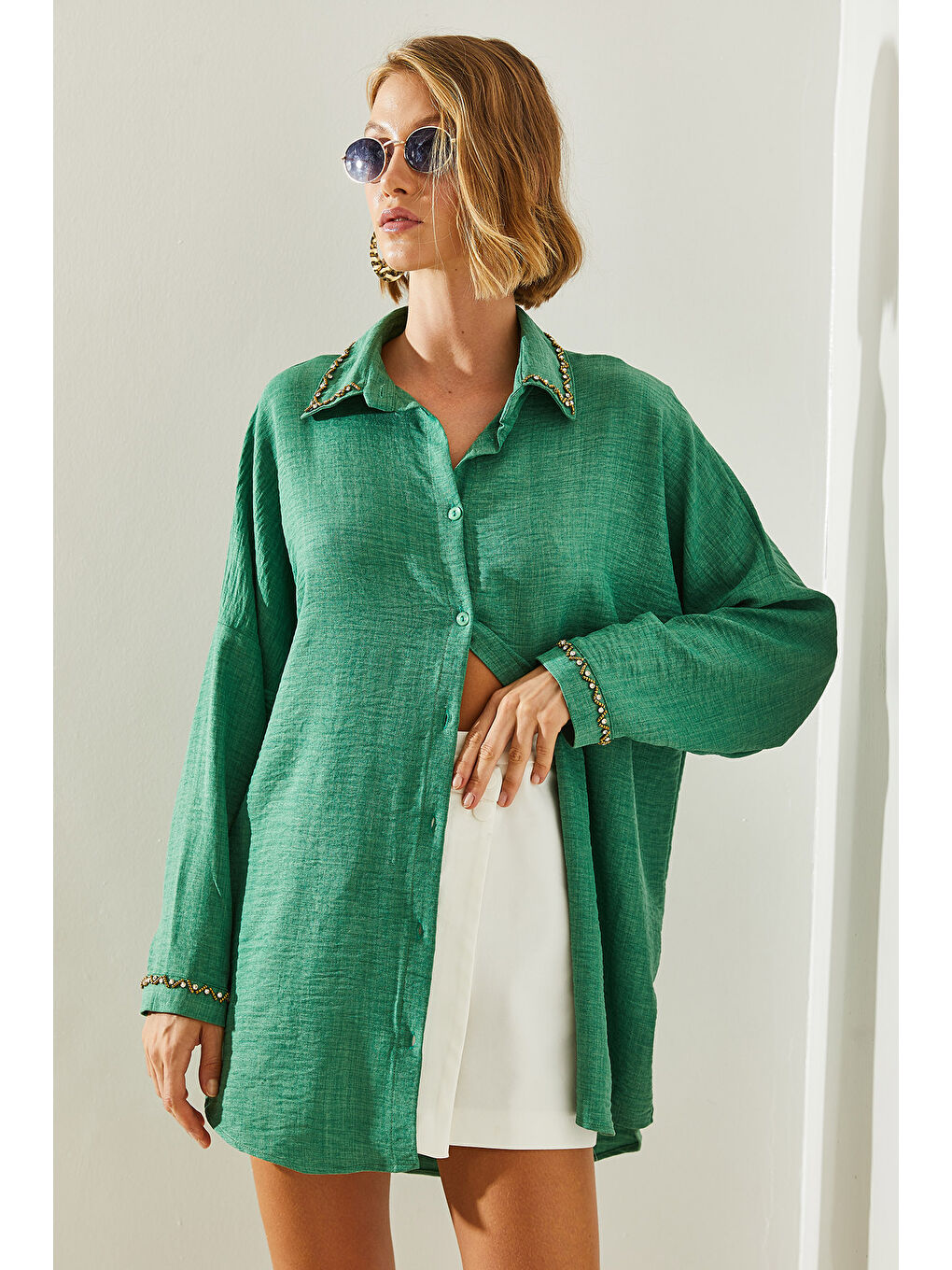 Yeşil Kadın Kol ve Yakası Taş İşlemeli Oversize Gömlek-2