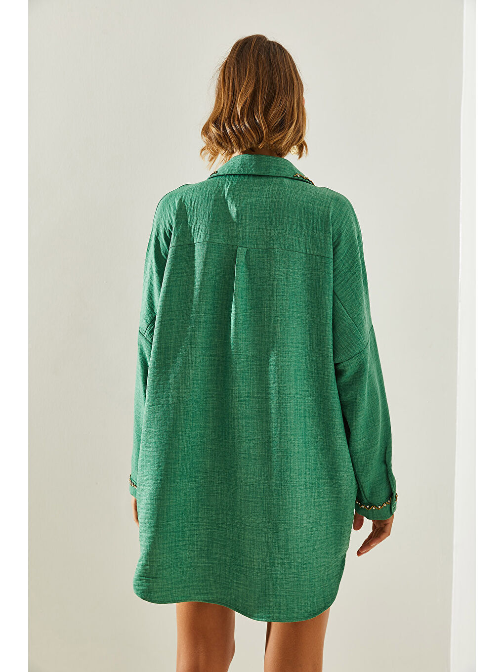 Yeşil Kadın Kol ve Yakası Taş İşlemeli Oversize Gömlek-4