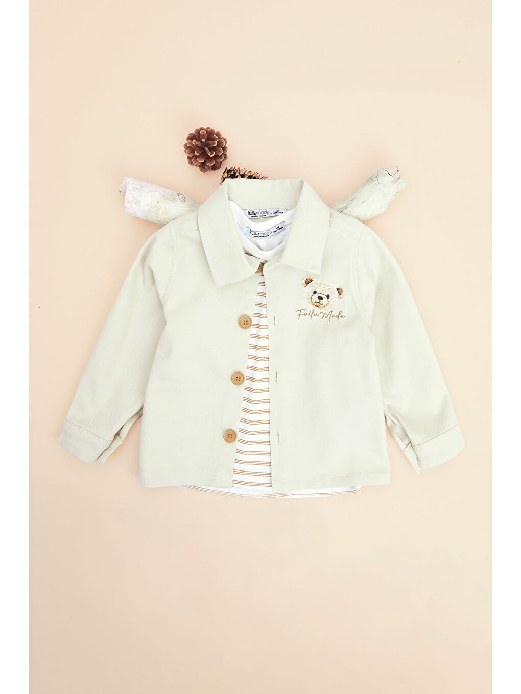 Bej %100 Pamuk Ayıcık Baskılı Çizgili Erkek Çocuk 2 Li Takım