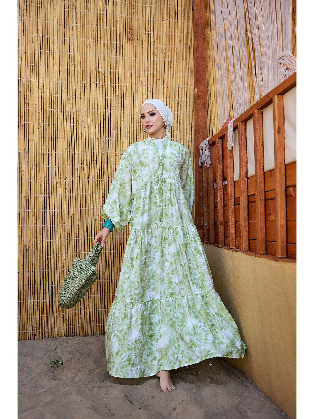 Kadın Bulut Desen Elbise Yeşil-1