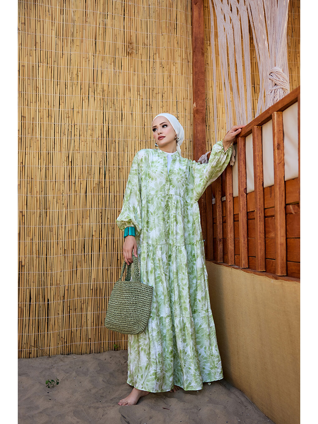 Kadın Bulut Desen Elbise Yeşil-2