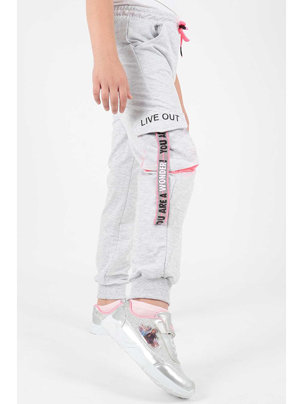 Gri Kids Kız Live Baskılı Eşofman Altı Bağcıklı Lastikli Dar Paça Pamuklu Eşofman Altı Ak722473-5