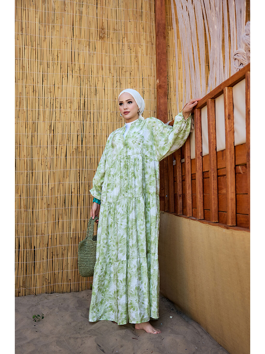 Kadın Bulut Desen Elbise Yeşil-3