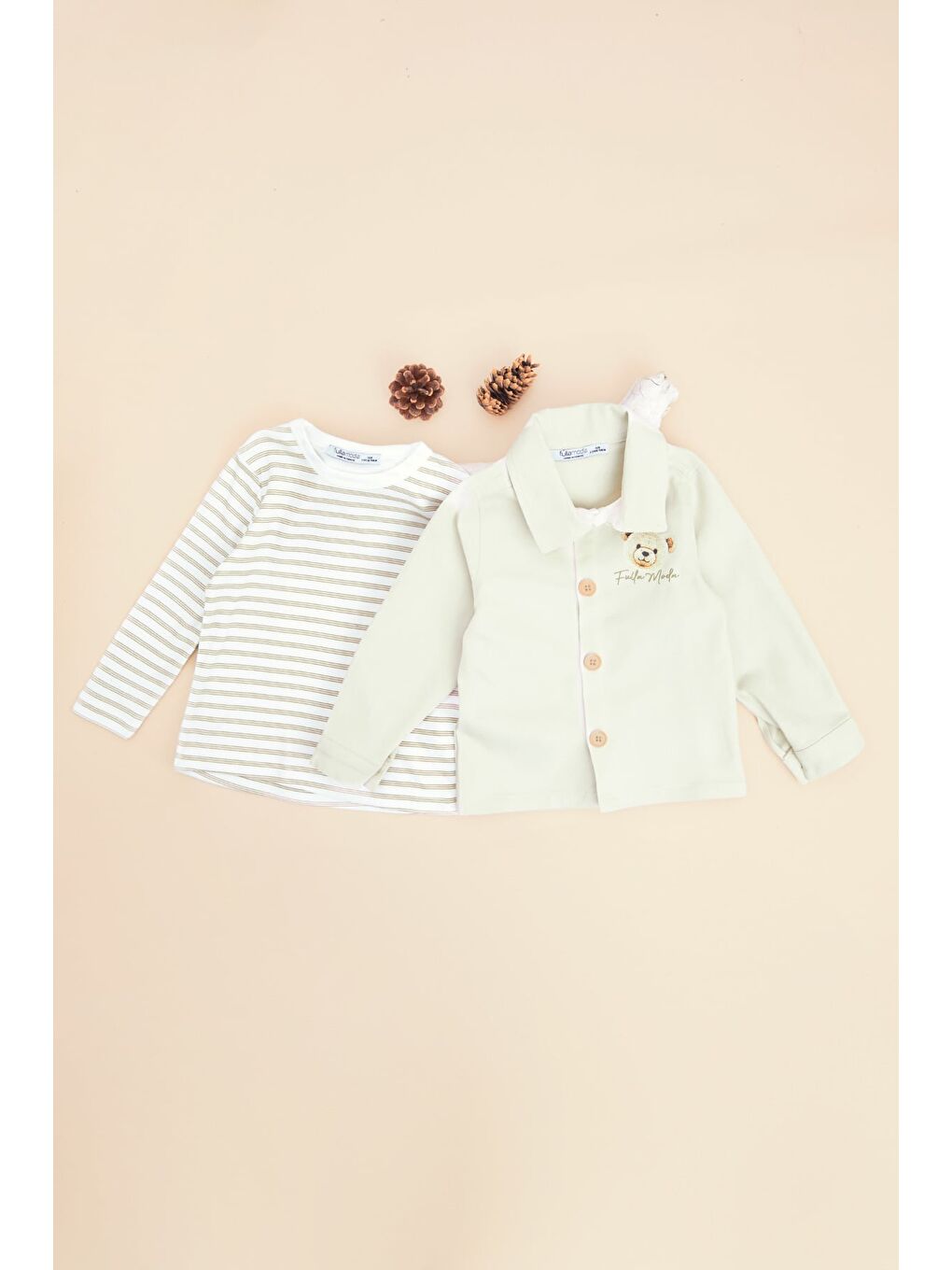 Bej %100 Pamuk Ayıcık Baskılı Çizgili Erkek Çocuk 2 Li Takım-1