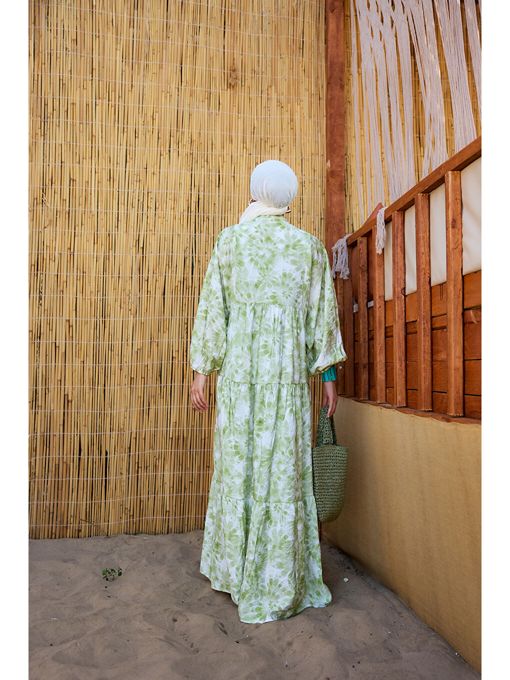 Kadın Bulut Desen Elbise Yeşil-4