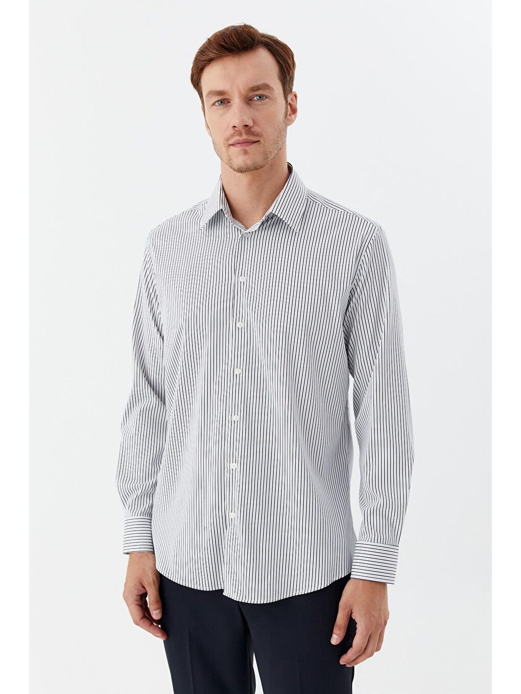 Erkek Lacivert Çizgili Klasik Yaka Slim Fit Gömlek