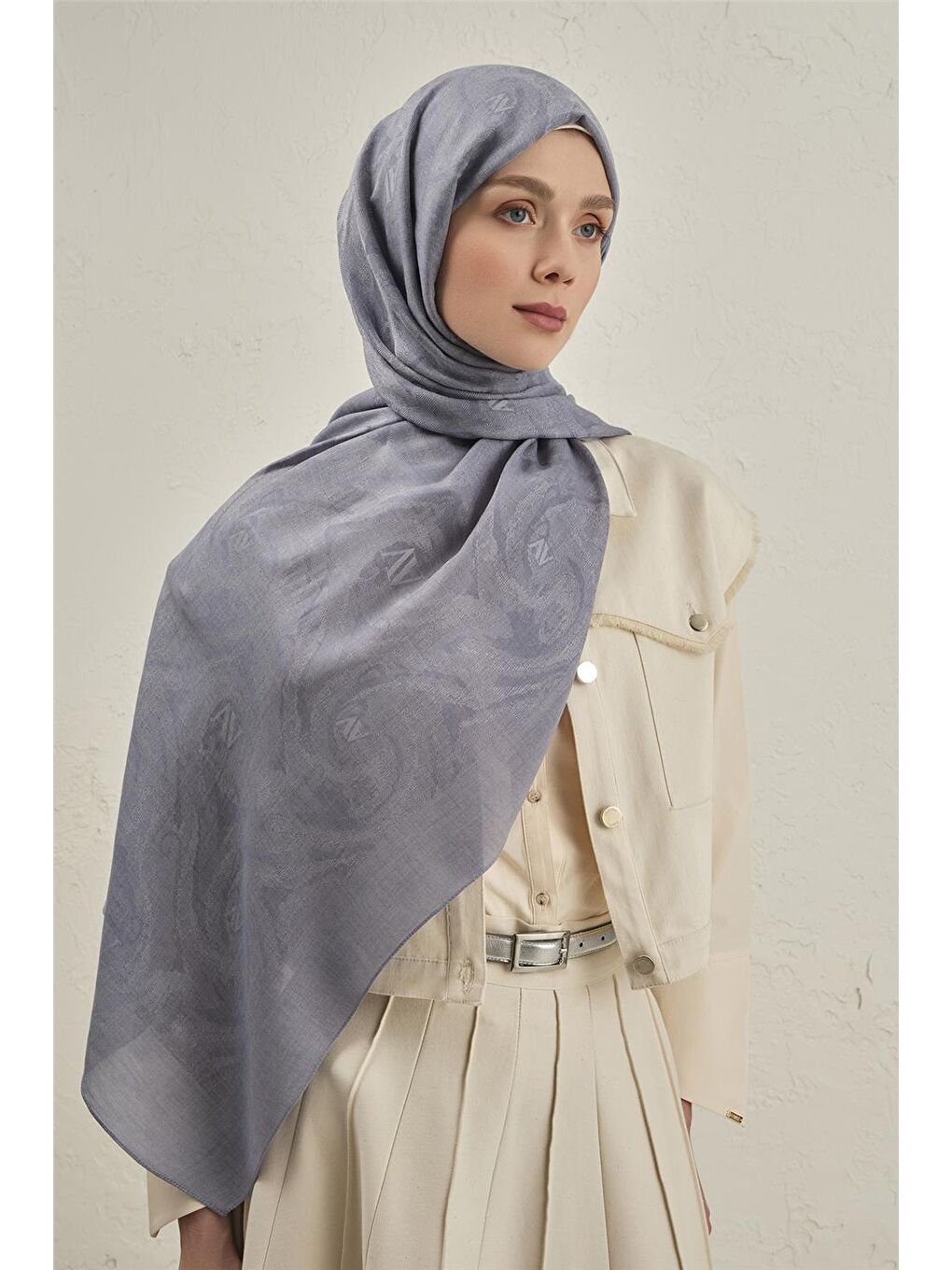 Mavi Woolair Dalga Monogram Şal 1 26-2