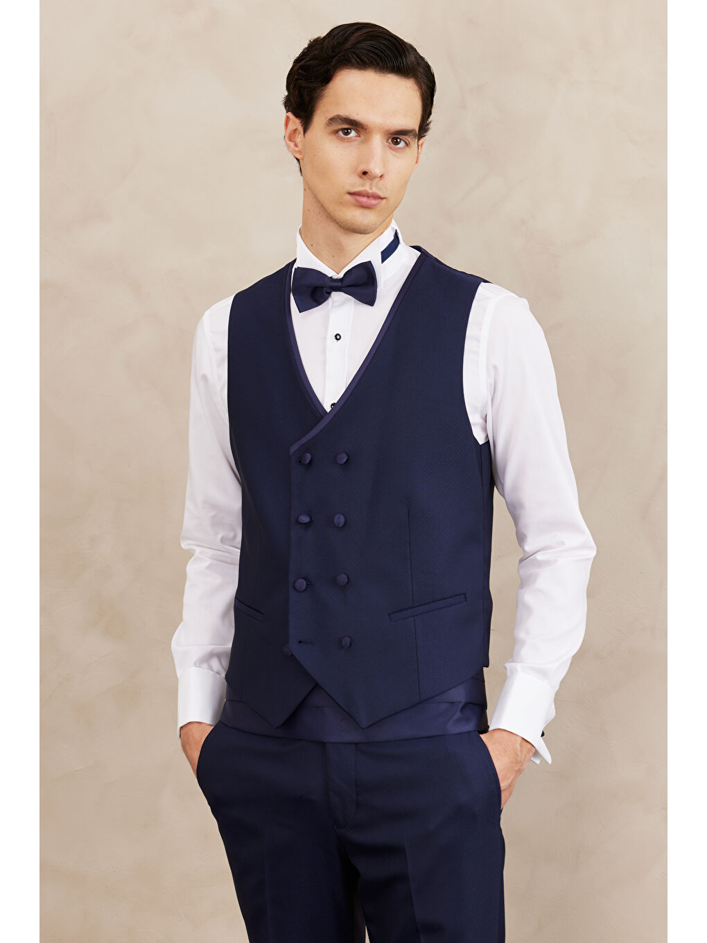 Erkek Lacivert Slim Fit Dar Kesim Mono Yaka Desenli Yelekli Smokin Takım-2