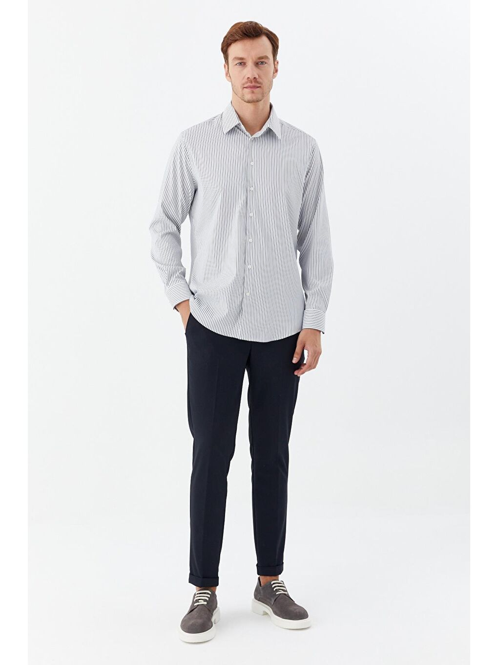 Erkek Lacivert Çizgili Klasik Yaka Slim Fit Gömlek-1