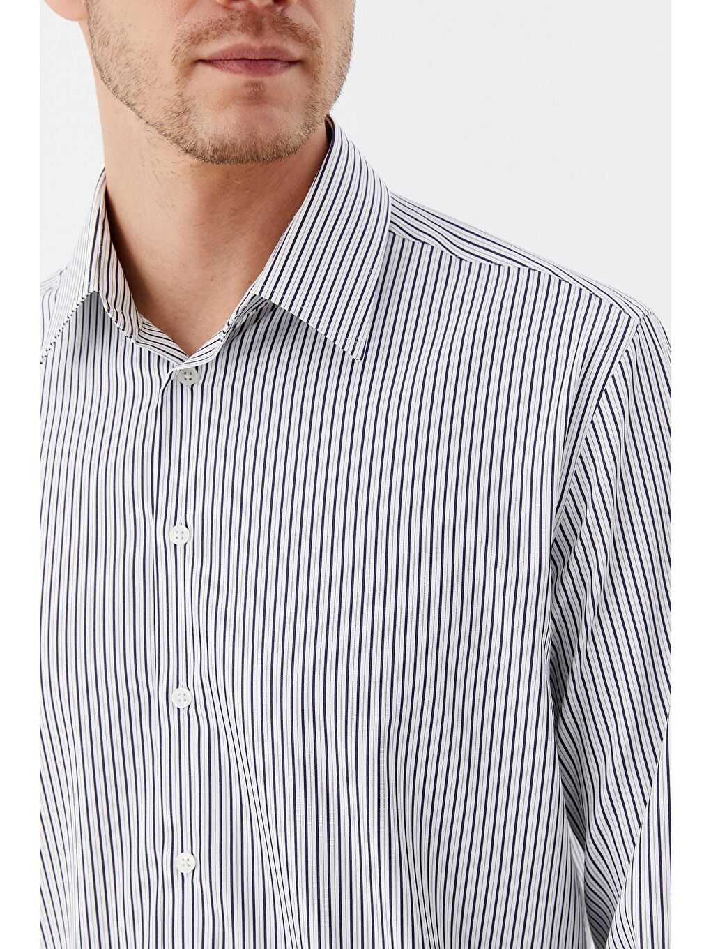 Erkek Lacivert Çizgili Klasik Yaka Slim Fit Gömlek-2