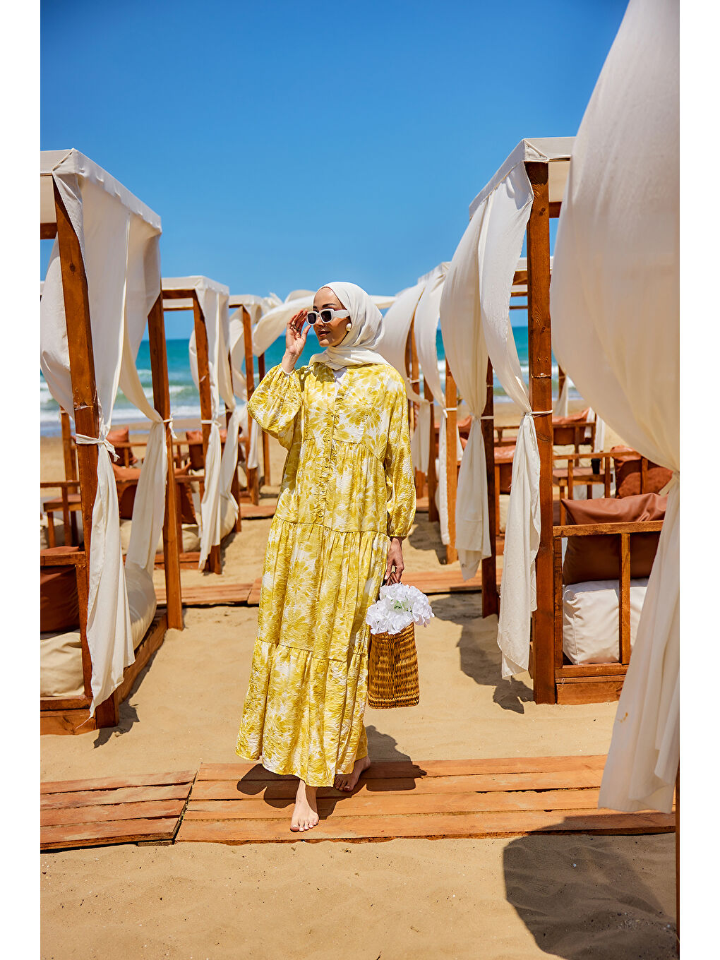 Kadın Bulut Desen Elbise Sarı-1