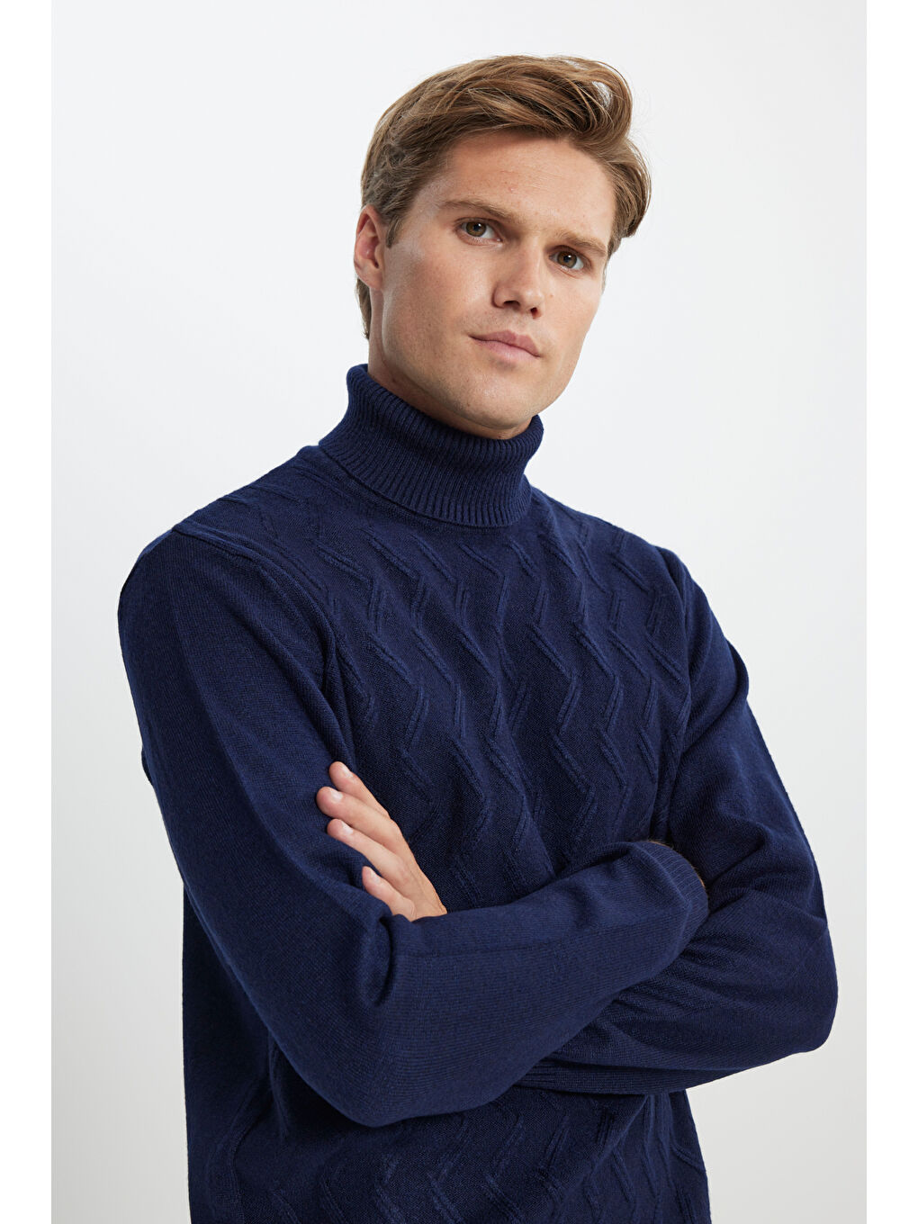 Erkek Lacivert Standart Fit Normal Kesim Tam Balıkçı Yaka Jakarlı Triko Kazak-3