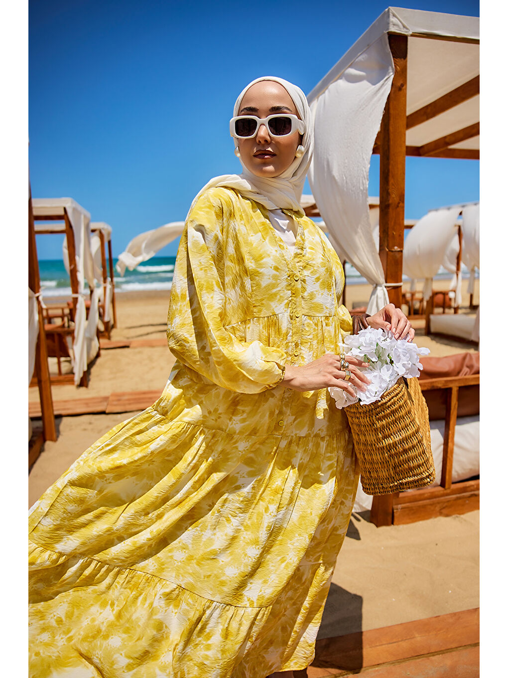 Kadın Bulut Desen Elbise Sarı-3
