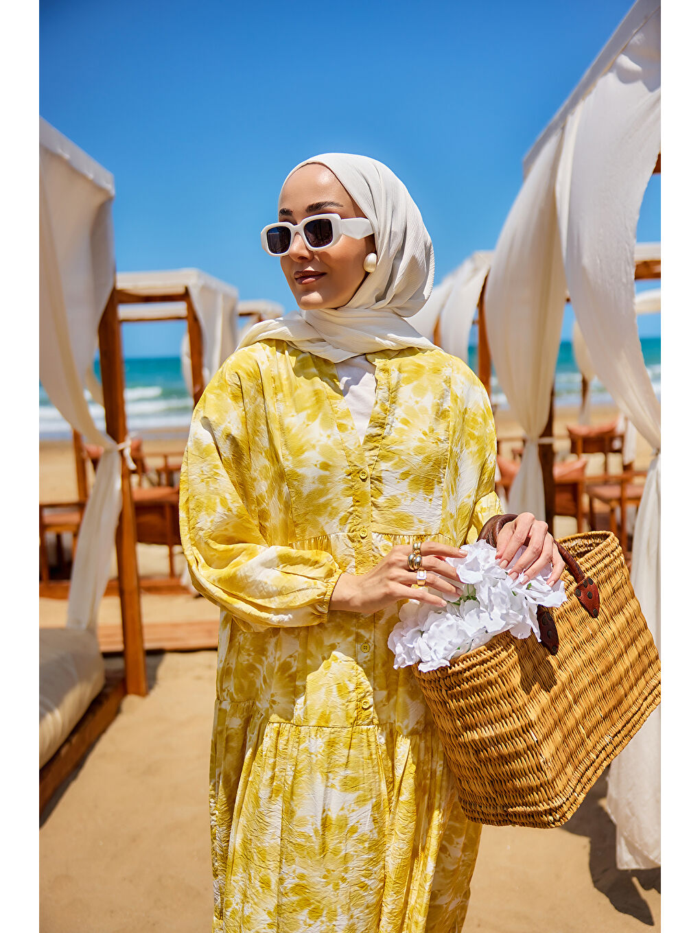 Kadın Bulut Desen Elbise Sarı-4