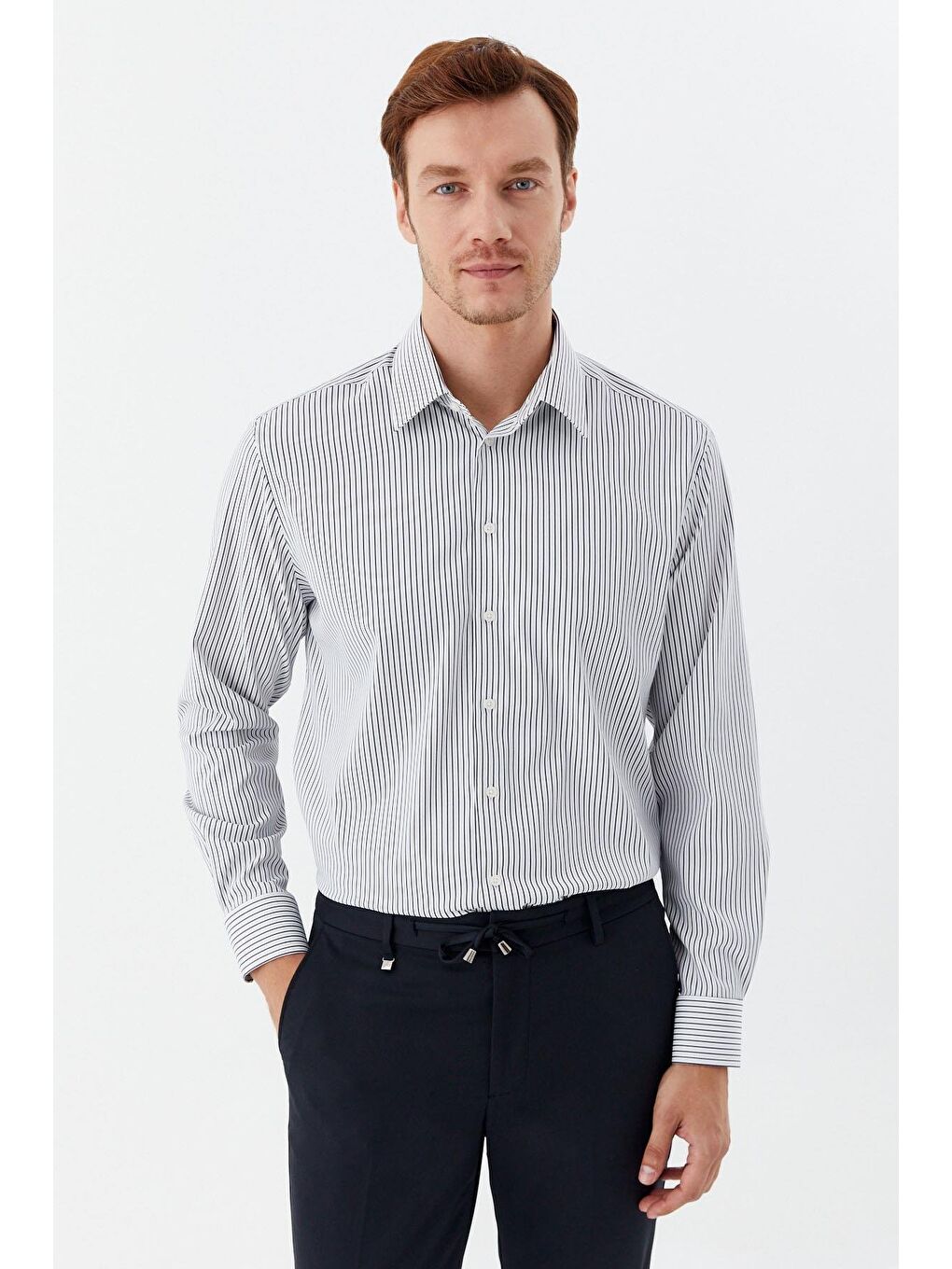 Erkek Lacivert Çizgili Klasik Yaka Slim Fit Gömlek-5