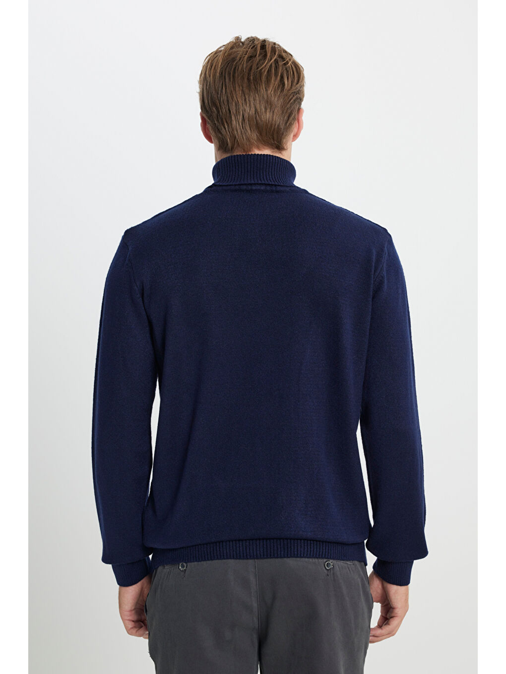 Erkek Lacivert Standart Fit Normal Kesim Tam Balıkçı Yaka Jakarlı Triko Kazak-5