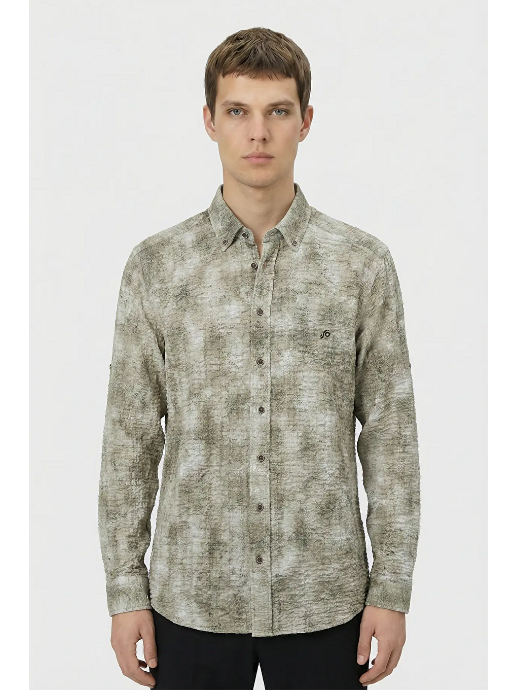 Bej Erkek Vizon Slim Fit Gömlek – Uzun Kollu, Baskılı