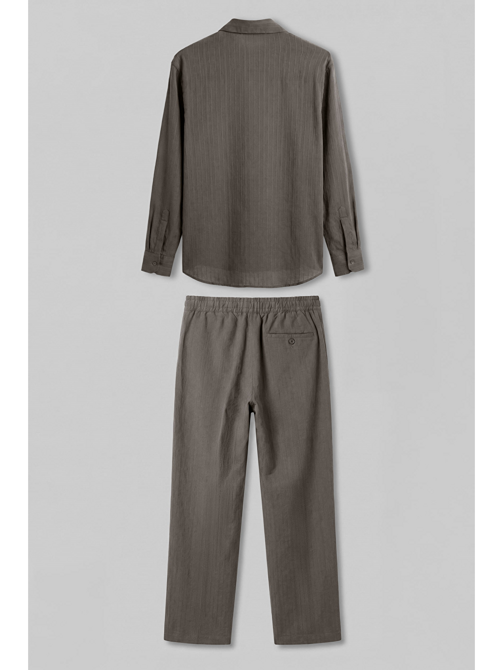 Bej Erkek Baggy Çizgili %100 Pamuk Gömlek Pantolon İkili Takım Vizon-1