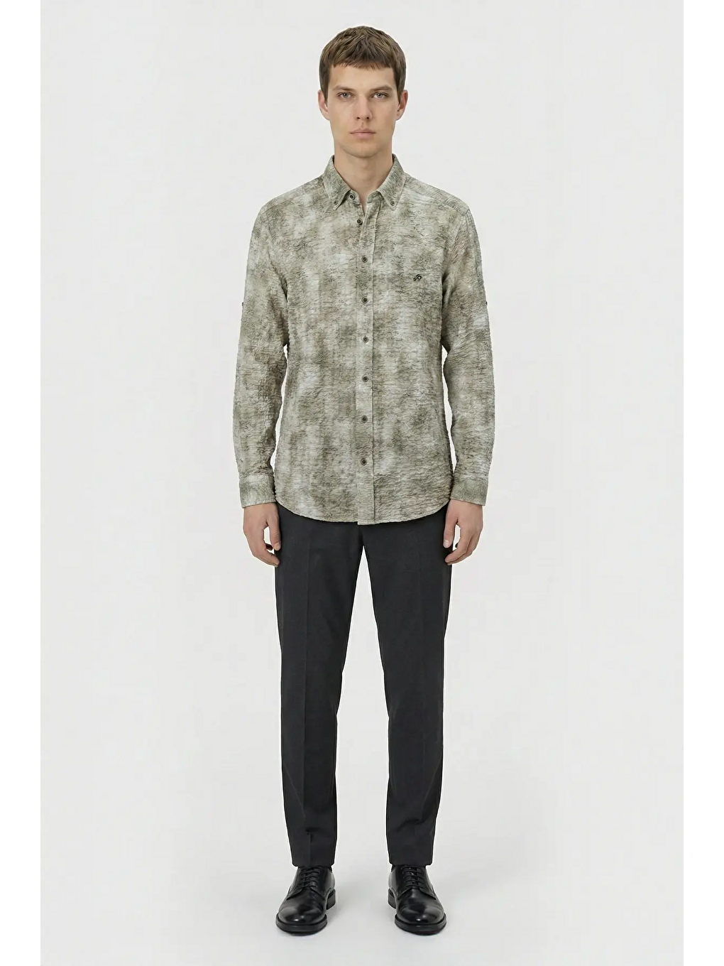 Bej Erkek Vizon Slim Fit Gömlek – Uzun Kollu, Baskılı-1