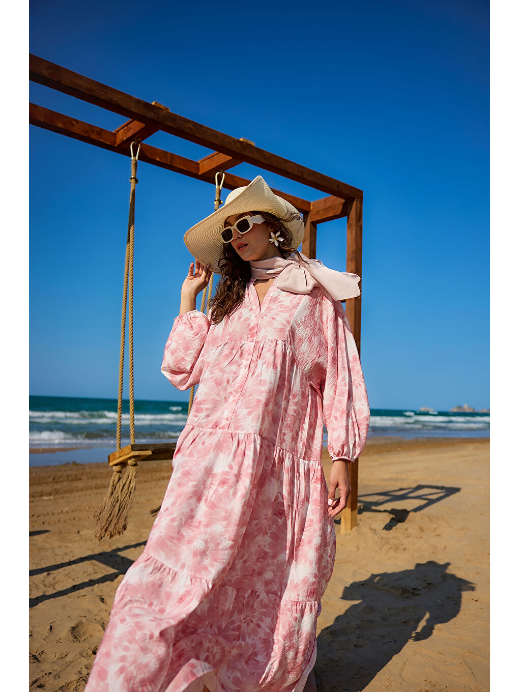 Kadın Bulut Desen Elbise Pembe-2