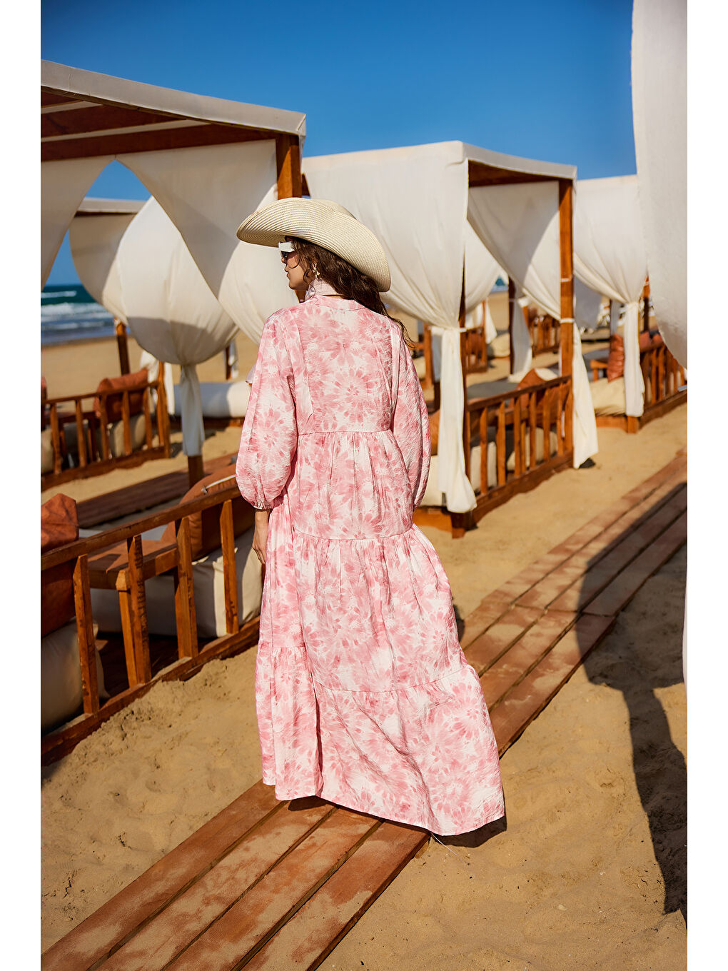 Kadın Bulut Desen Elbise Pembe-3