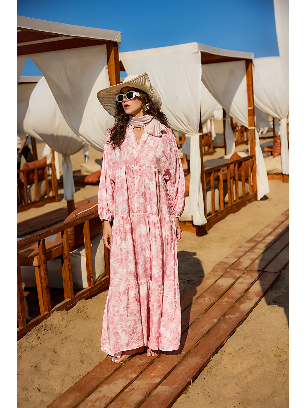 Kadın Bulut Desen Elbise Pembe-4