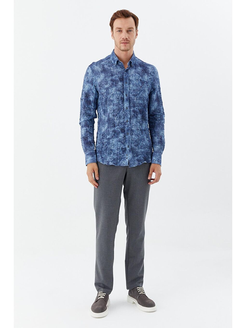 Mavi Erkek İndigo Slim Fit Gömlek – Uzun Kollu, Baskılı-1