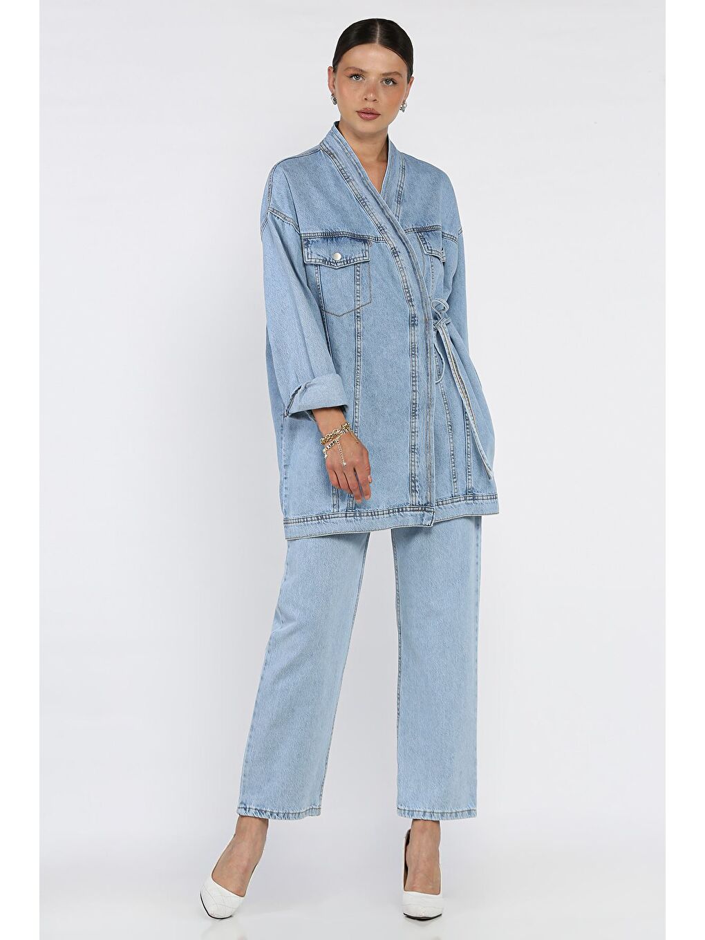 Mavi Yan Bağlamalı Jean Jean Ceket Pantolon İkili Takım