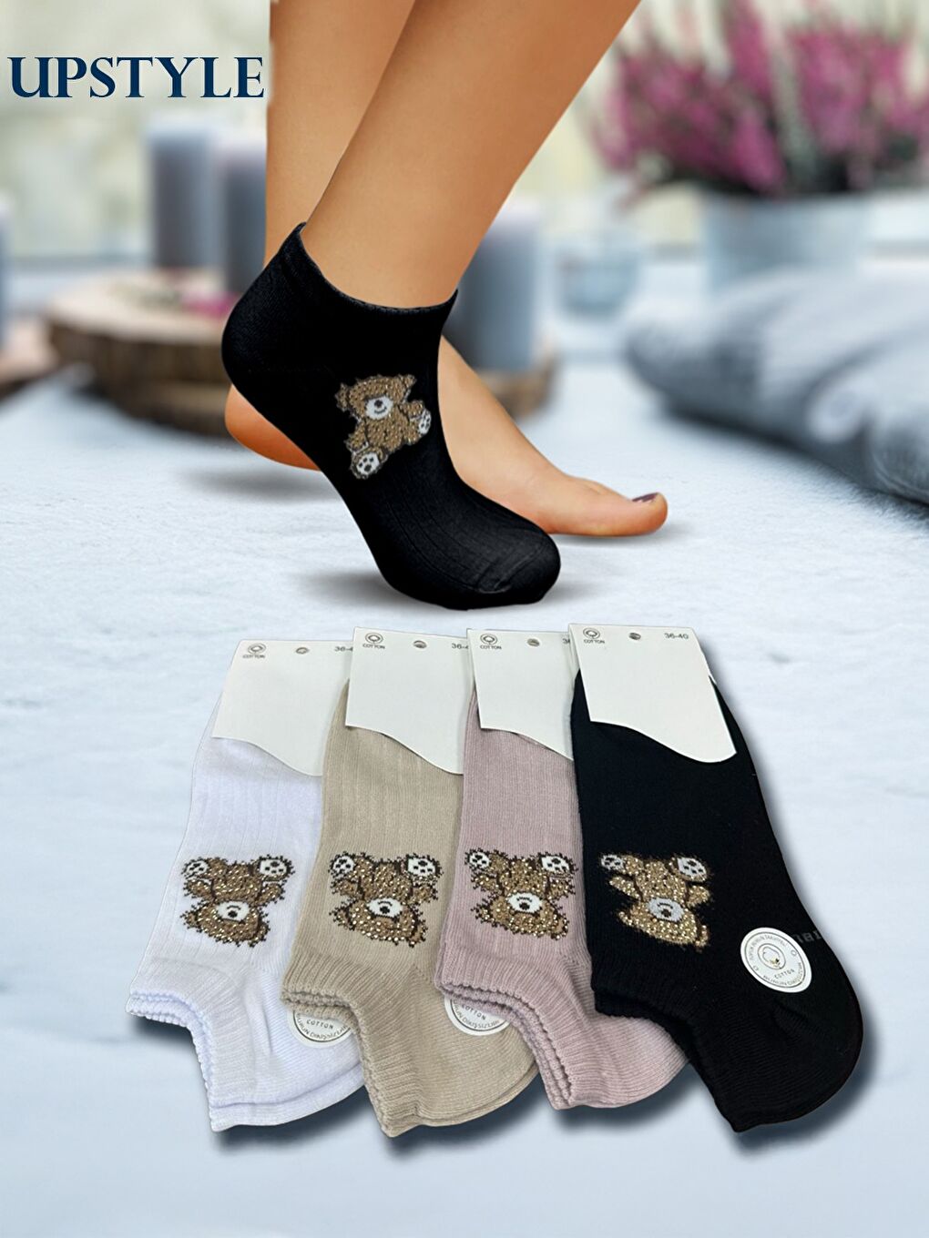 Karışık Kadın 12’li Premium Yumuşak Dokuma Ayıcık Figürlü Sneakers Çorap – Tam Taş İşlemeli – Uzun Ömürlü-1