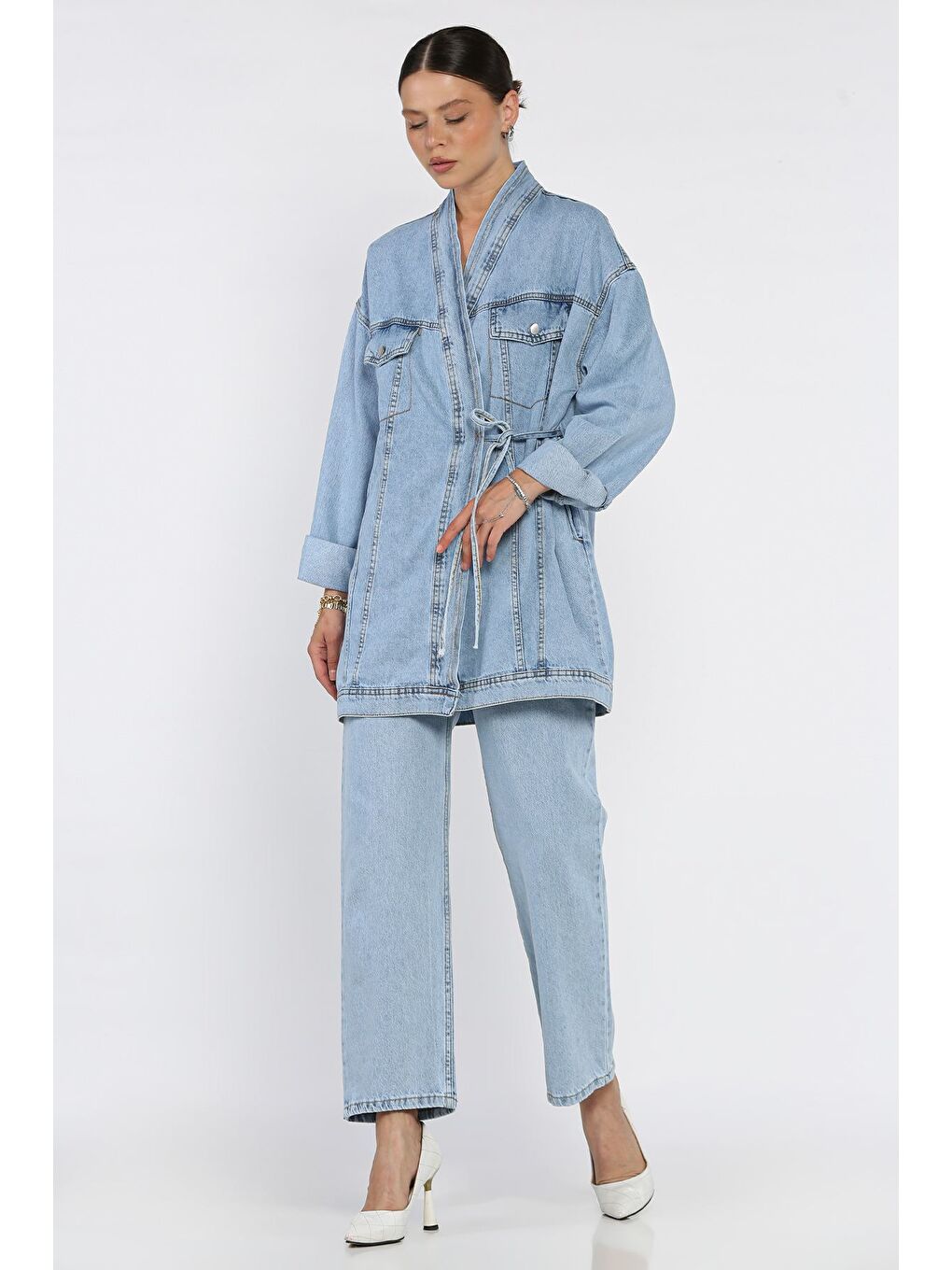 Mavi Yan Bağlamalı Jean Jean Ceket Pantolon İkili Takım-1