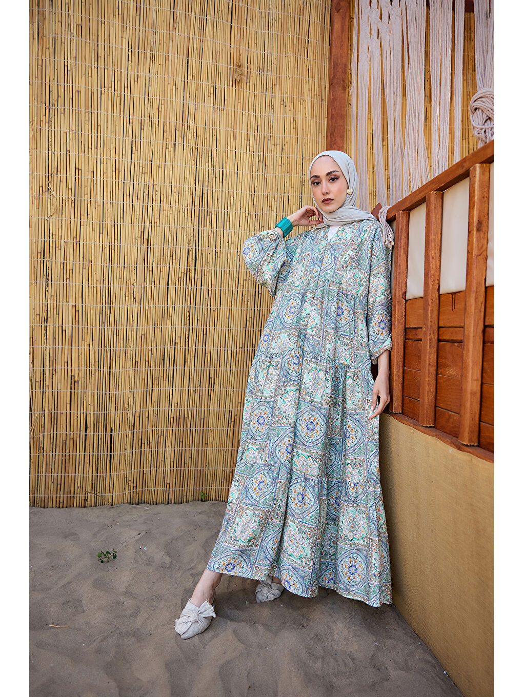 Kadın Etnik Çicek Desenli Elbise Yeşil-1