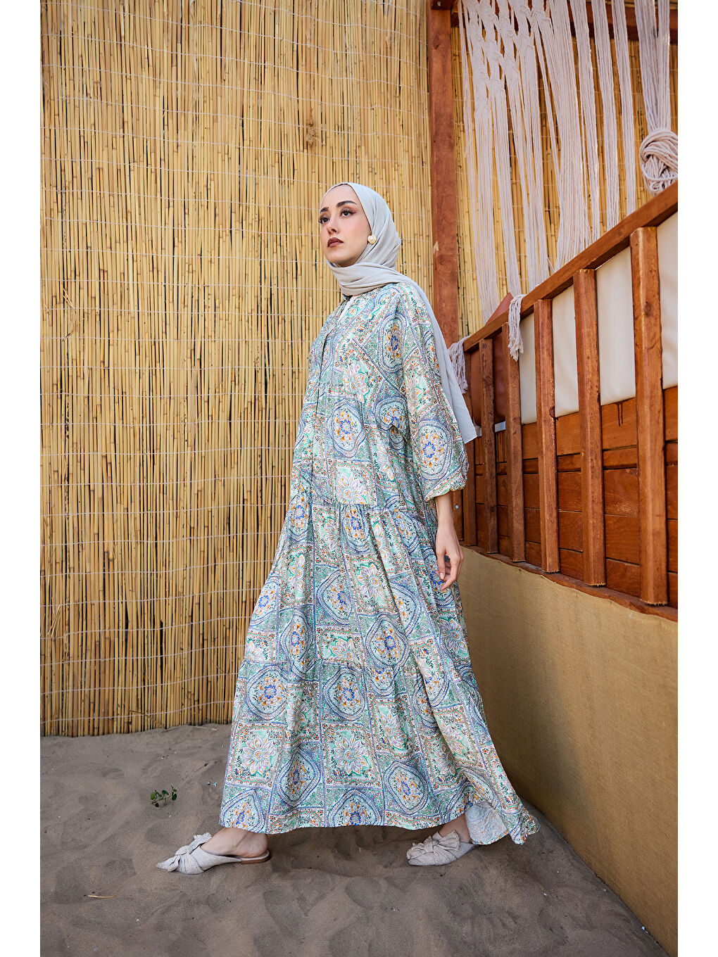 Kadın Etnik Çicek Desenli Elbise Yeşil-2