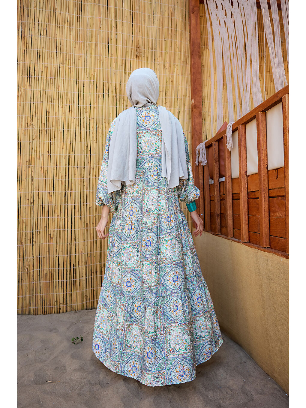 Kadın Etnik Çicek Desenli Elbise Yeşil-3