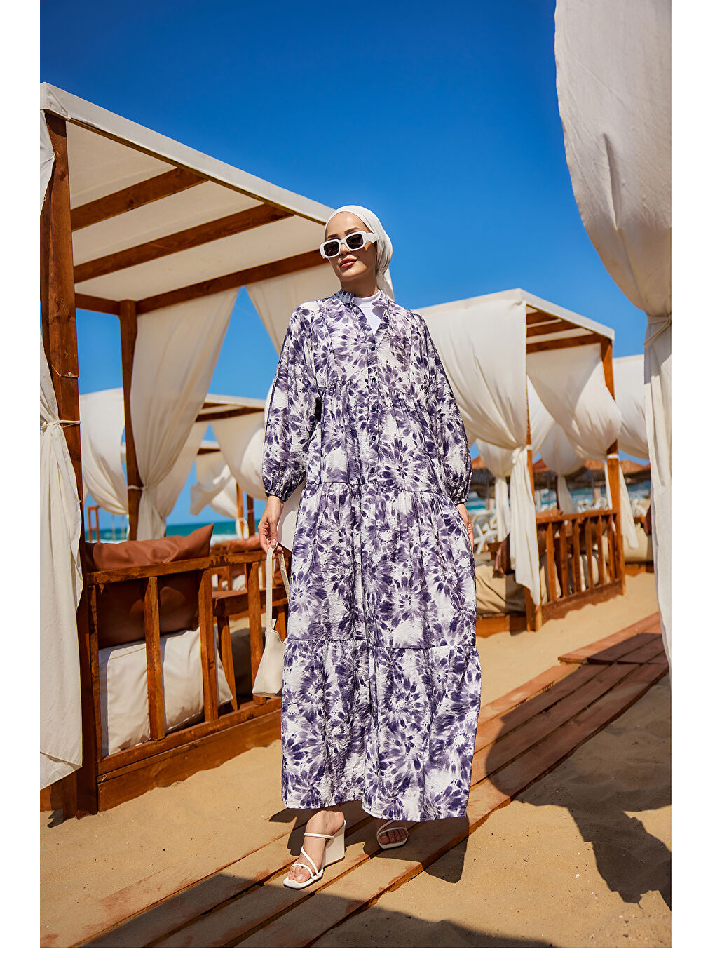 Kadın Bulut Desen Elbise Mor-1